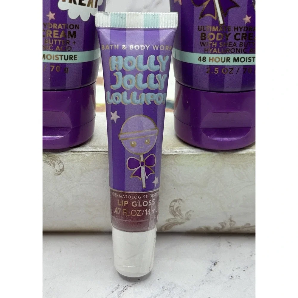 Bath & Body Works Holly Jolly Lollipop 3pc Set 2 Body Cream Lip Gloss New Sealed